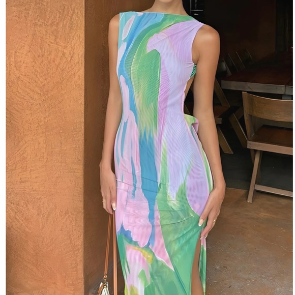 Monet Garden Print Sleeveless Long Dress - Size Large - Picture 2 of 5